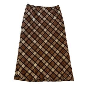 Brown Plaid Wool Blend Maxi Skirt Sz 14 Preppy Light Academia